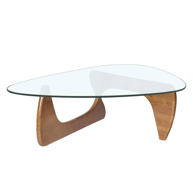 Triangle Glass Coffee Table with Solid Wood Base for Living Room