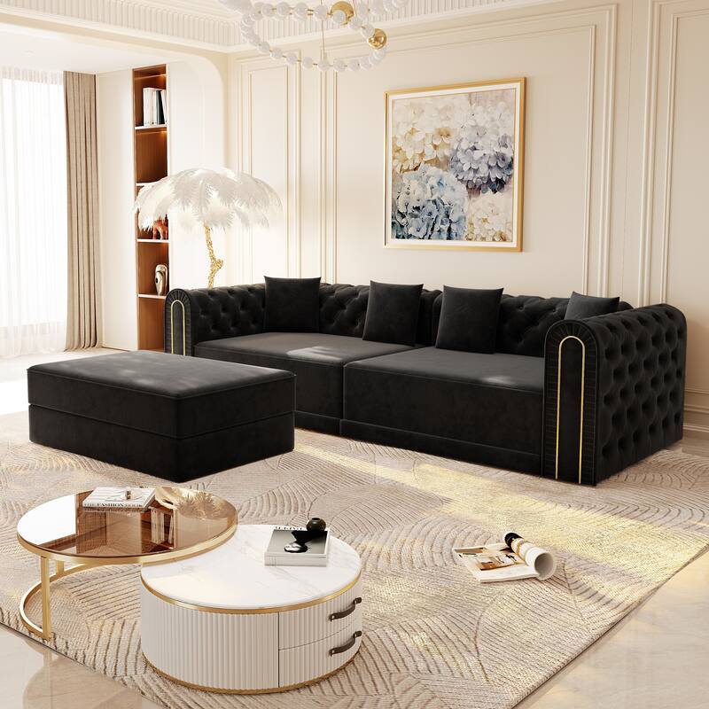 90.6" Velvet Pull Out Sofa Bed, 3-in-1 Convertible Sleeper Sofa with Movable Ottoman, Modern Button Tufted Chesterfield Sofa