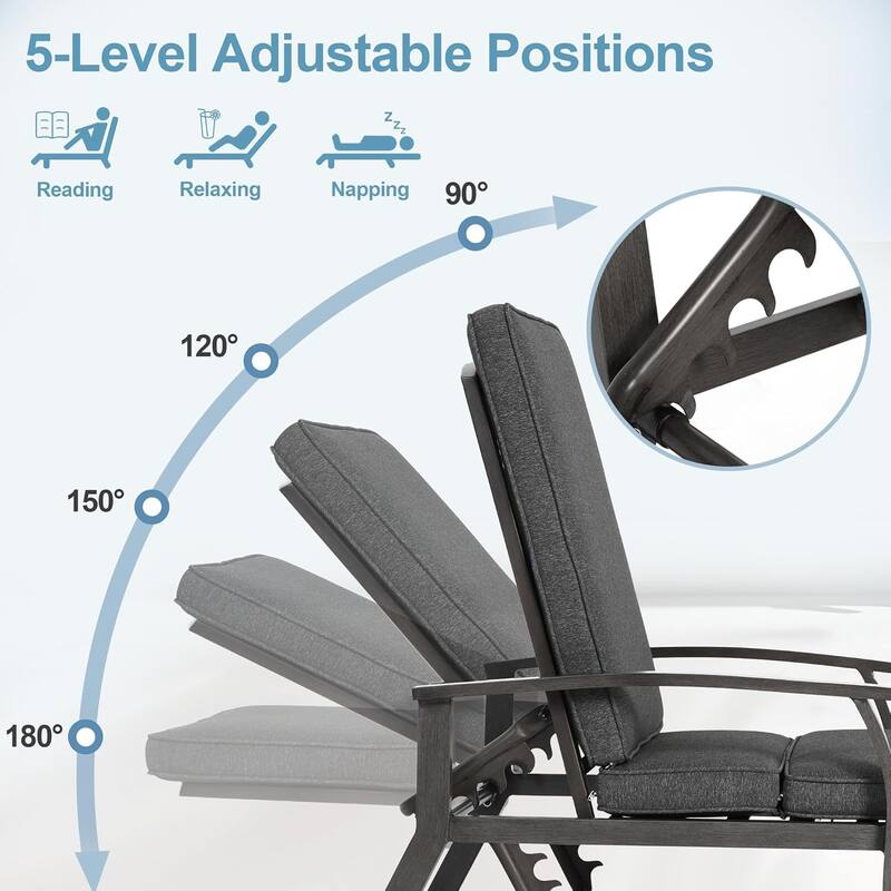Outdoor Aluminum Reclining 5-Position Adjustable Backrest Chaise Lounge(set of 2) with Cushion