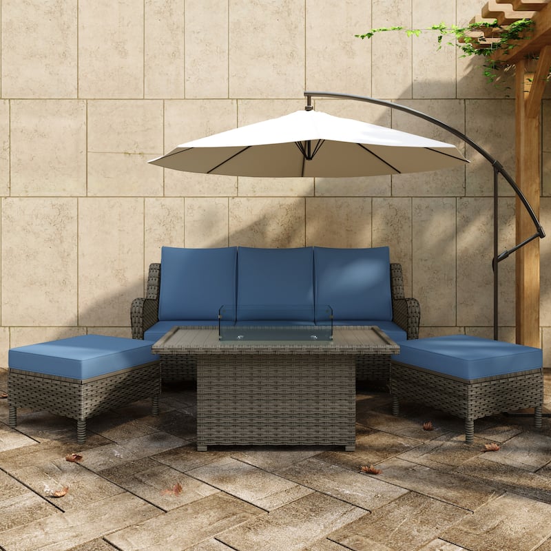 Outdoor 6-Piece Rattan Wicker Sectional Sofa Set With Cushion - Brown Frame/Fire Pit - Blue/Brown/Fire Pit