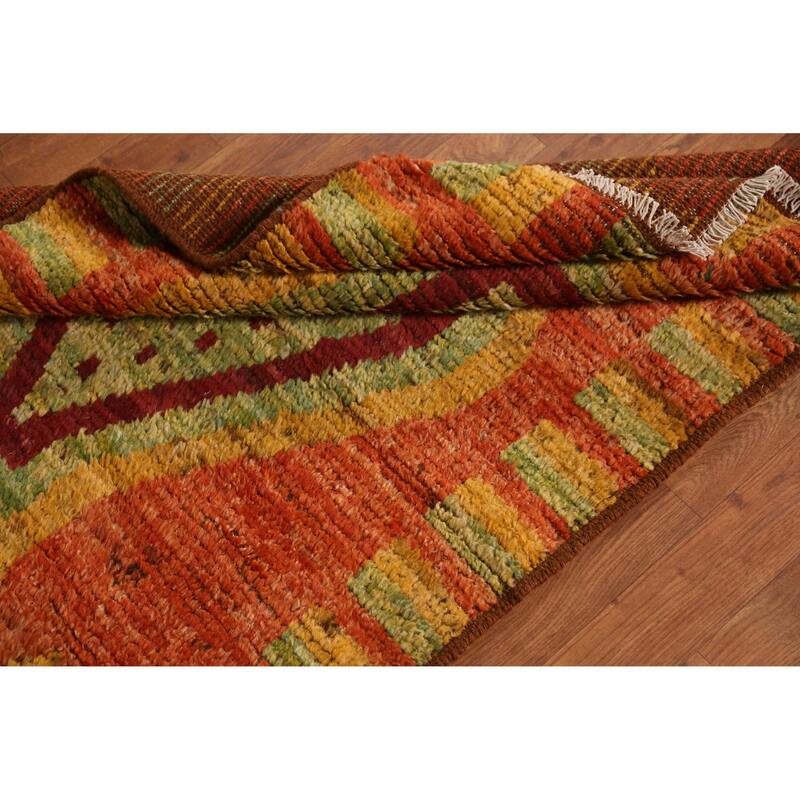 Geometric Orange Moroccan Oriental Runner Rug Hand-Knotted Wool Carpet - 3'1" x 9'9"