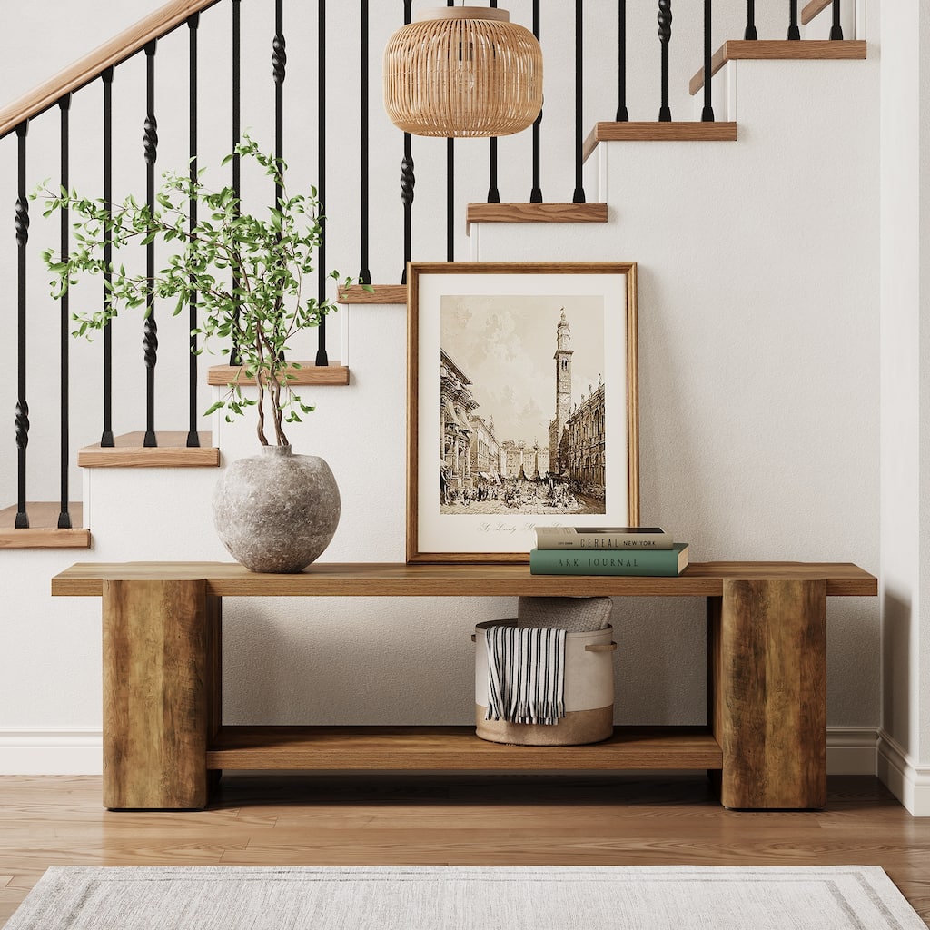 63" Entryway Bench, 2-tier Shoe Bench with Open Shelves