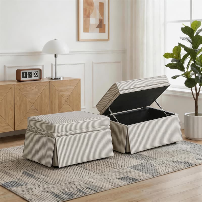 2 Set Rectangle Chenille Upholstered Storage Ottoman - Pinstripe Coffee