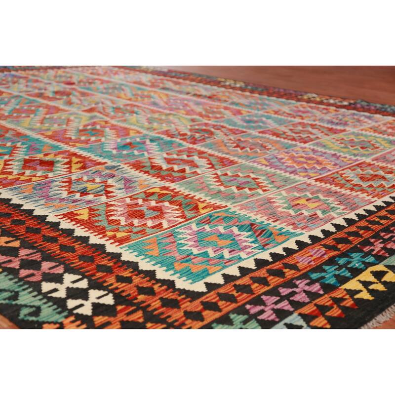 Multi-Color Kilim Oriental Area Rug Hand-Woven Geometric Wool Carpet - 10'1"x 13'1"