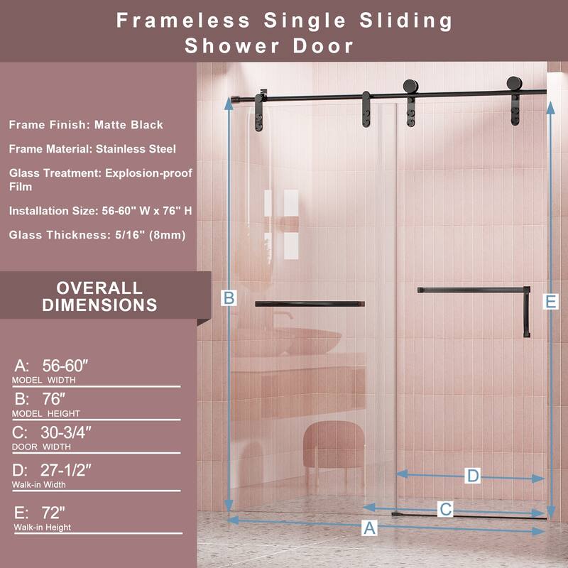 56-60"W x 76"H Single Sliding Glass Shower Door