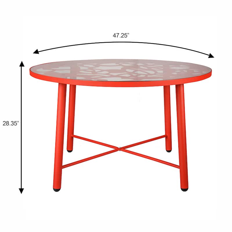 Devon Outdoor Round Aluminum Patio Dining Table with Floral Cutout Design, Tempered Glass Tabletop for Garden or Living Room