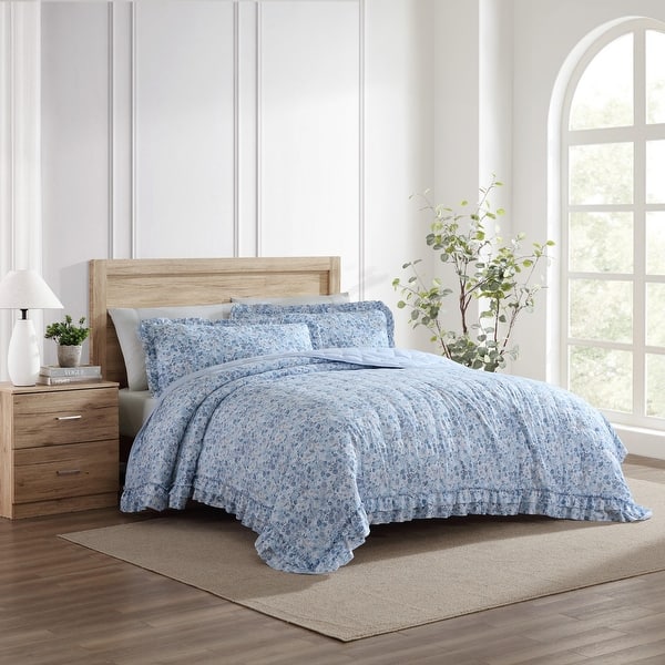 Laura Ashley Quartet Blue Ruffled Reversible Quilt Set