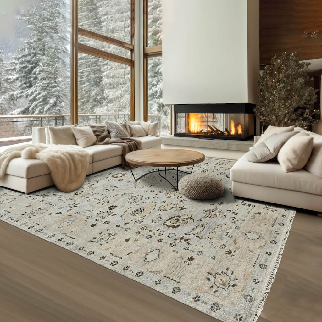 Multi Size Hand Knotted Blue Traditional Oushak Wool Oriental Area Rug - 6' x 8' 10''