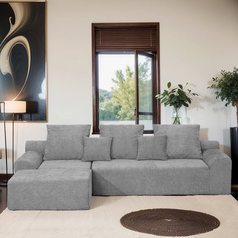 111.2" L-Shaped Sectional Sofa - Modular Velvet Couch with Adjustable Chenille Configurations - Grey