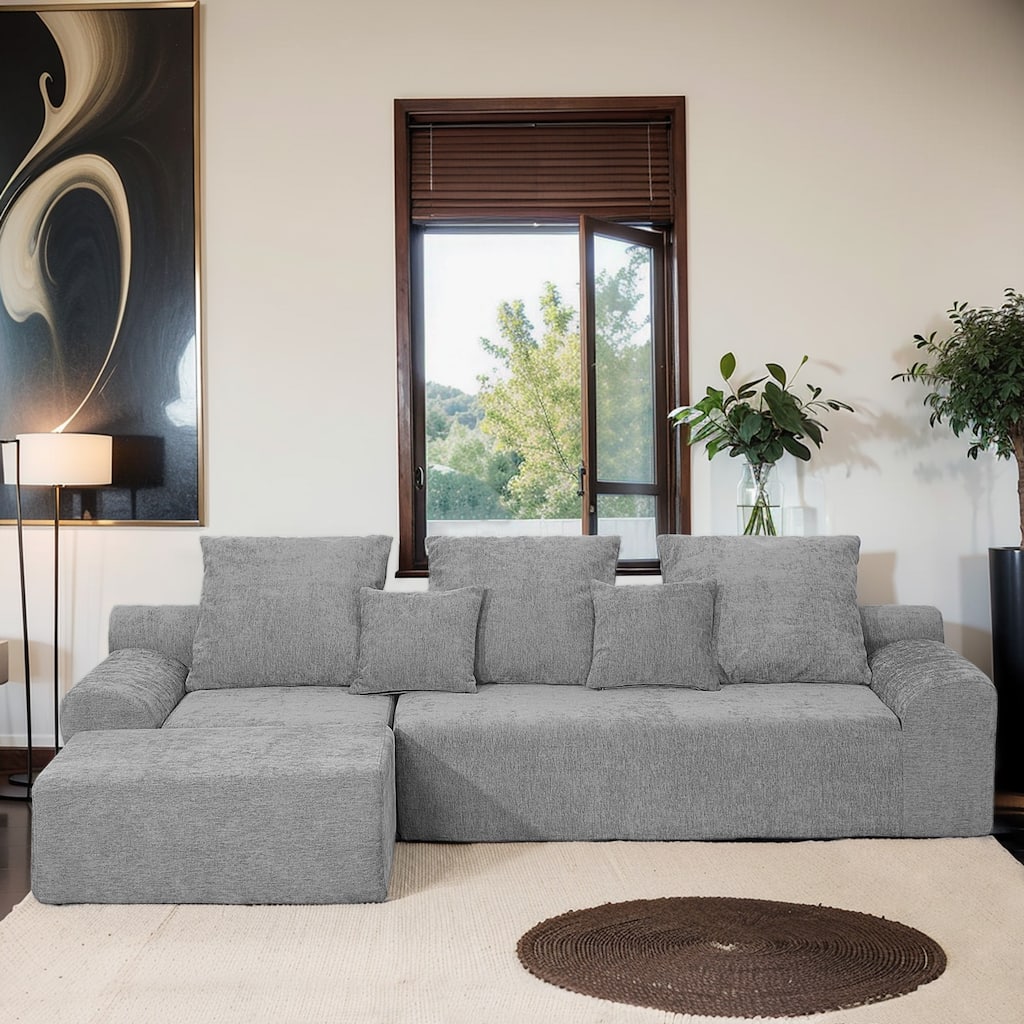 111.2" Modern L-Shaped Modular Velvet Sofa in Grey, Adjustable Configurations