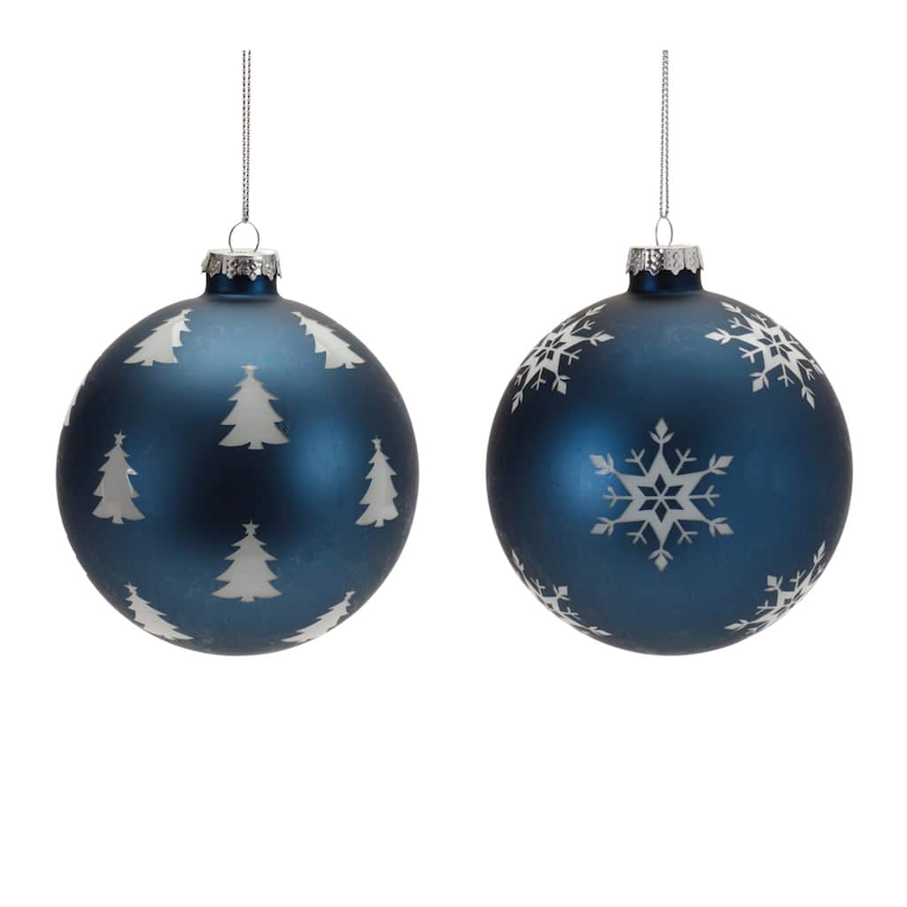 Snowflake and Pine Tree Glass Christmas Ball Ornaments - Blue - 4" (110mm) - 6ct