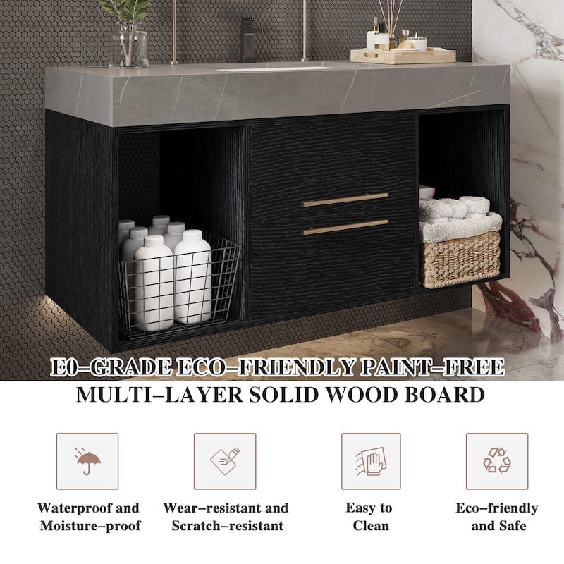 GDFStudio - Modern 39.4" Wall Mounted Floating Sintered Stone Bathroom Vanity with Seamless Ceramic Sink & Soft-Close Drawers