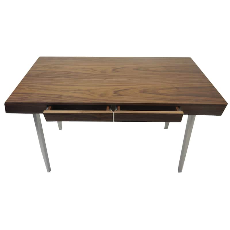 Hle 47 Inch Desk, Walnut Brown Wood Top, 2 Drawers, High Polished Steel