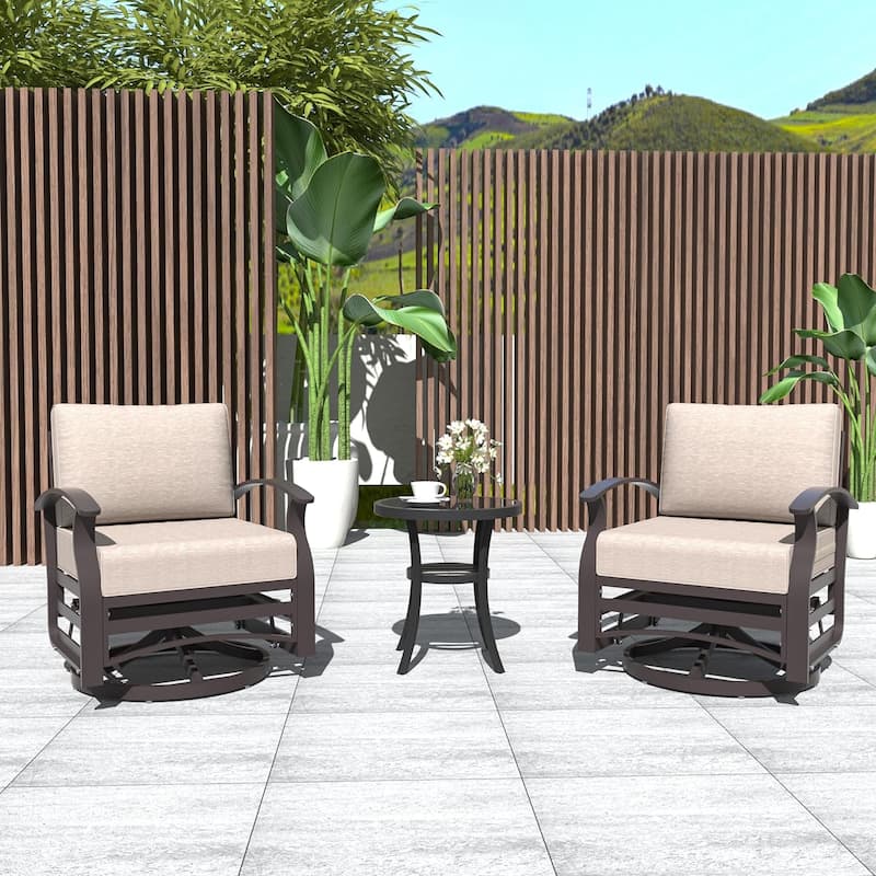 Kullavik 3Pcs Aluminum Rocking Chair Swivel Chairs Set with Glass Top Table & 5" Thick Cushion