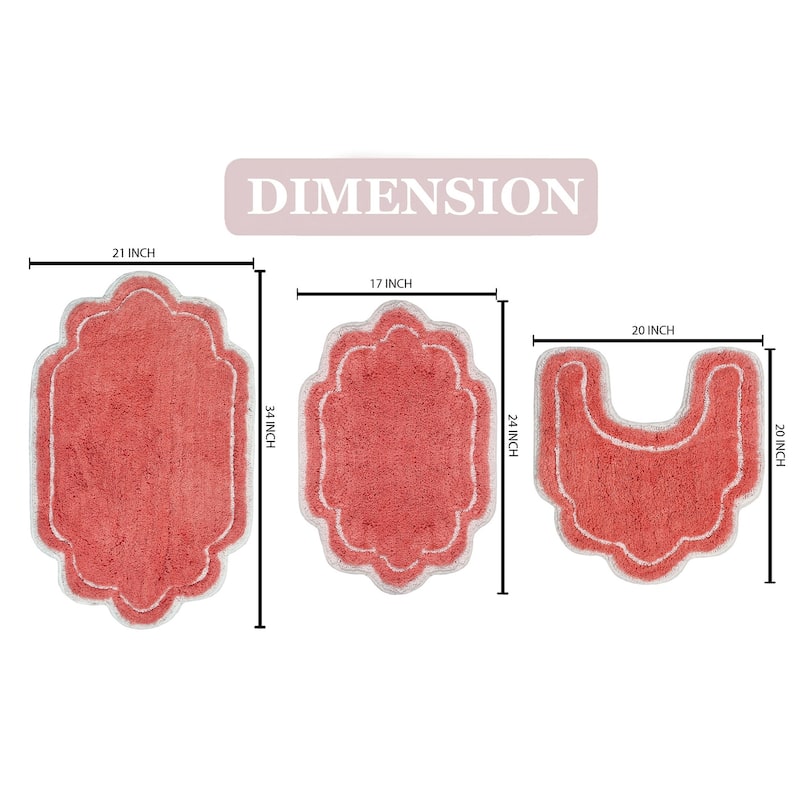 Allure Collection 100% Cotton Non-Slip Bathroom Rug Set, 3 Piece Machine Washable- Bathroom Rug, Bath Rug, U Shaped Contour