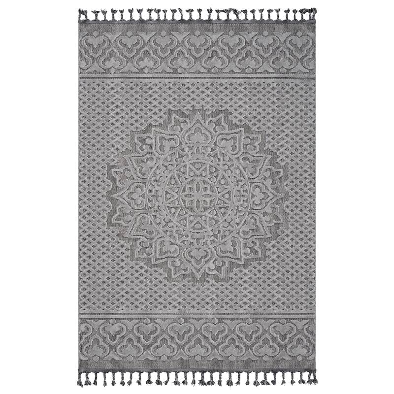 Guros Collection Gray / White / Medallion Indoor / Outdoor Non-Shedding Area Rug - 74" D x 48" W x 0.28" H
