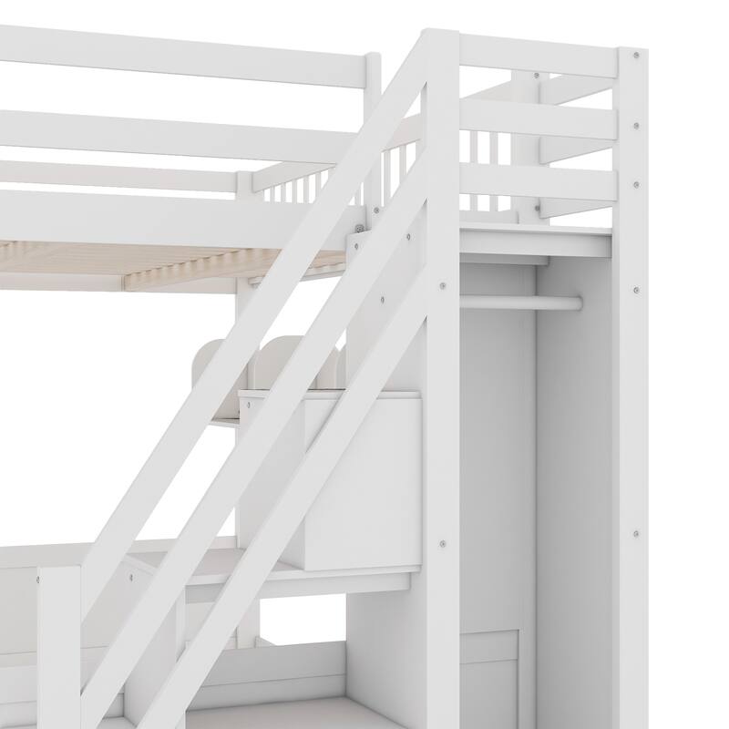 Queen Wooden Loft Bed with Storage Staircase Wardrobe, 2 Side Shelves, 3 Storage Shelves and Versatile Under-Bed Space
