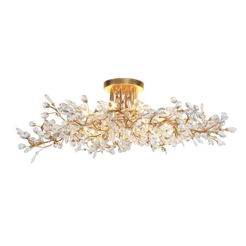 Aureflor 8-Light Antique Gold Foil Crystal Floral Chandelier Semi-flush Mount Ceiling Light - Antique Gold - 31.9" Dia.x9.4"H
