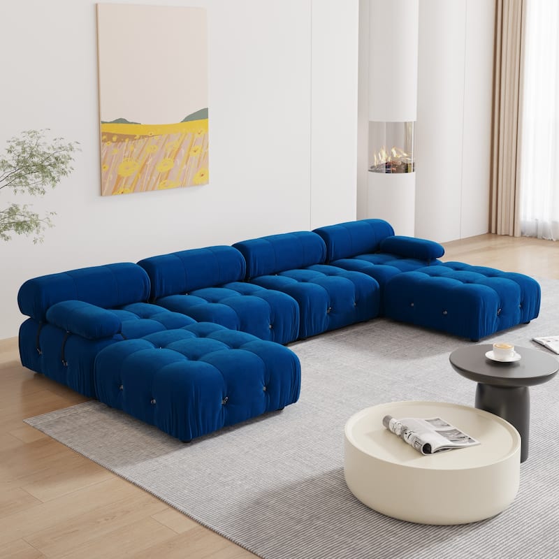 Blue Velvet Upholstered Sectional Sofa - 4seats+2ottoman