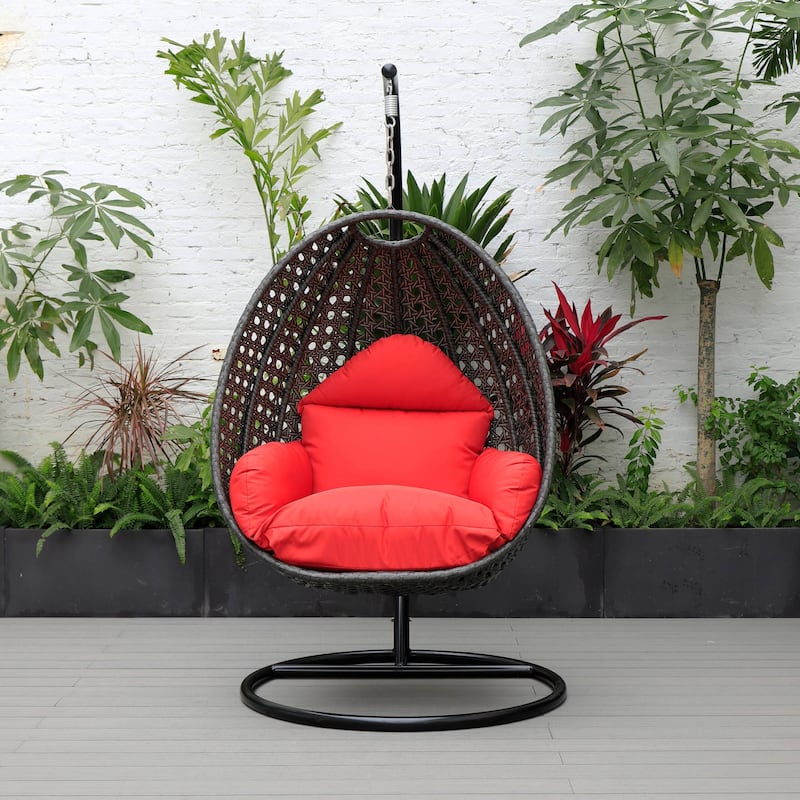 LeisureMod Charcoal Single Seater Rattan Wicker Egg Swing Hanging Chair for Indoor Outdoor Patio Porch Backyard Garden
