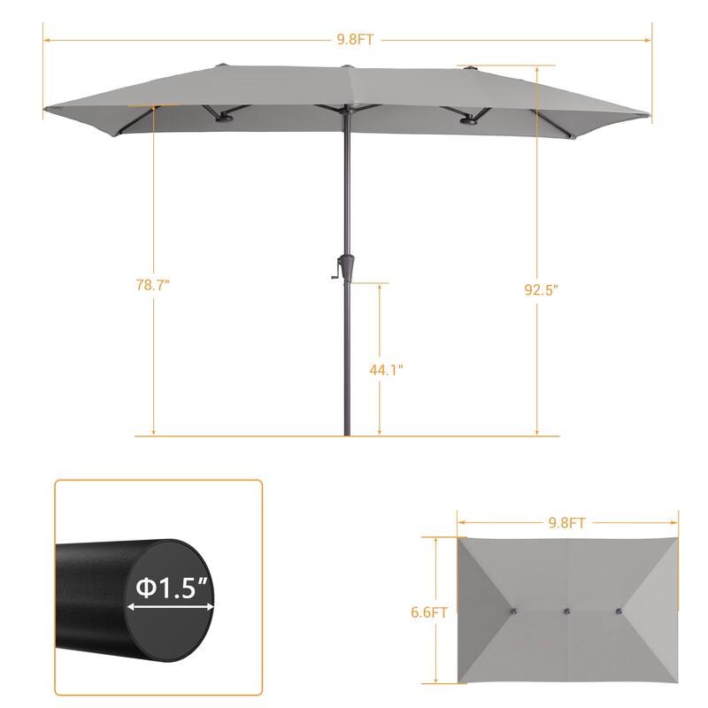 LIVOOSUN 11x7/10x6.5Ft Large Double-Sided Rectangular Outdoor Patio Market Umbrella with Crank, Gray