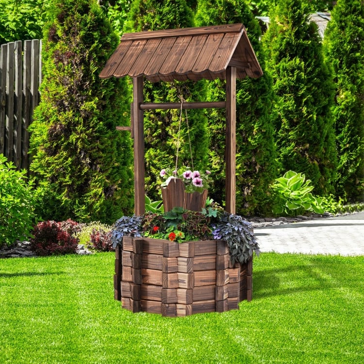 Decorative Outdoor Wishing Well Planter with Wooden Bucket - 22.0" x 22.0" x 44.9"