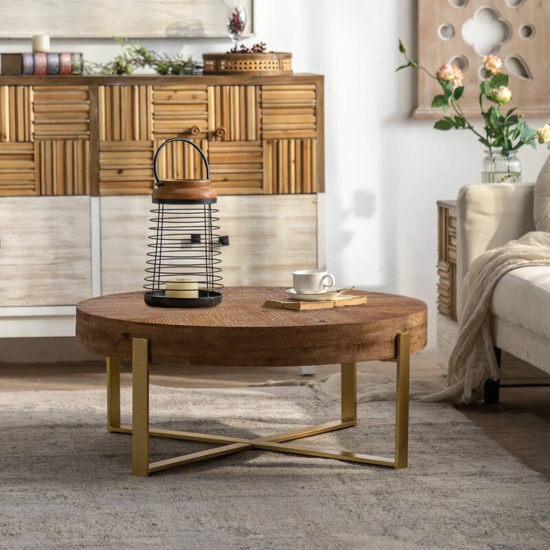 Roomfitters 31.29" Modern Retro Round Coffee Table with Fir Wood Top and Gold Cross Legs Base