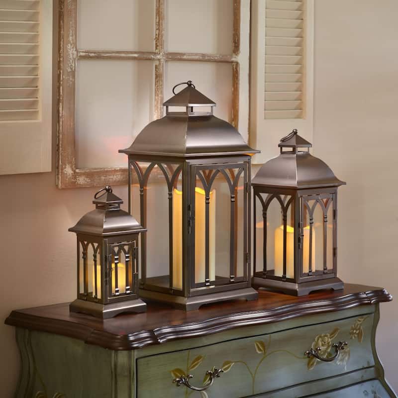 Set of 3 Indoor-Outdoor Lombard Metal Lanterns - Bronze