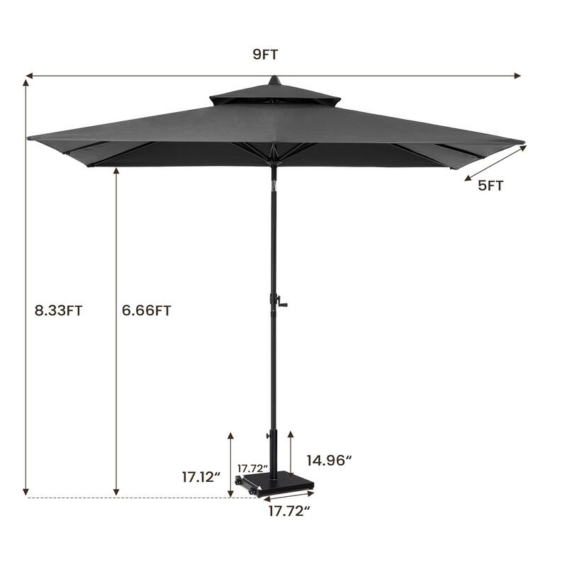 Pellebant 9 x 5 Ft Outdoor Double Top Market Umbrella with Wheels Base Stand