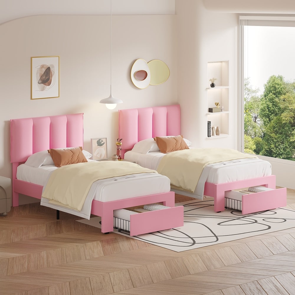 VECELO Set of 2 Kids Bed Frame with Storage Drawer Height Adjustable Upholstered Bed Twin Size Bed