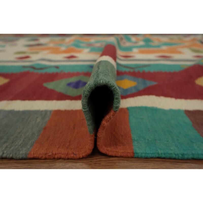Hand Woven Oriental 100% Wool Carpet Southwestern Tribal Multi-Colored Kilim Area Rug - 14' 8'' X 8' 1''