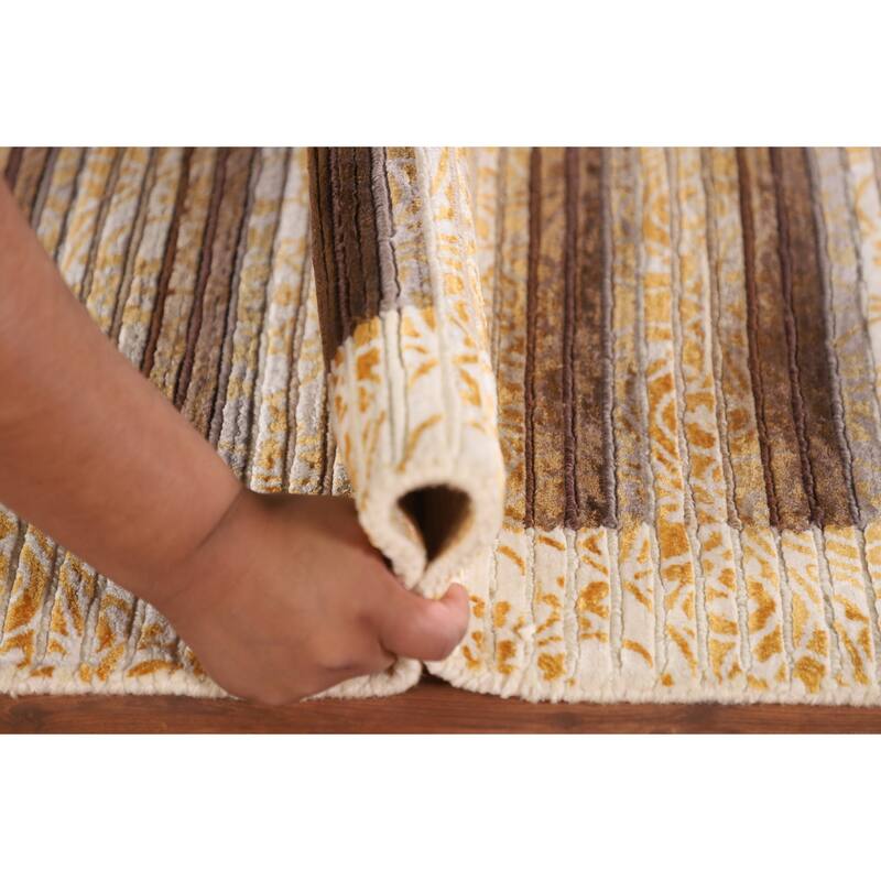 Striped Modern Abstract Accent Rug Handmade Yellow Wool Carpet - 2'9"x 4'10"