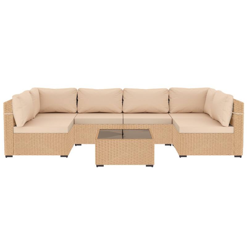 Patio Watcher 7-Piece Patio Yellow Wicker Sectional Seating Group with Cusions and Side Table
