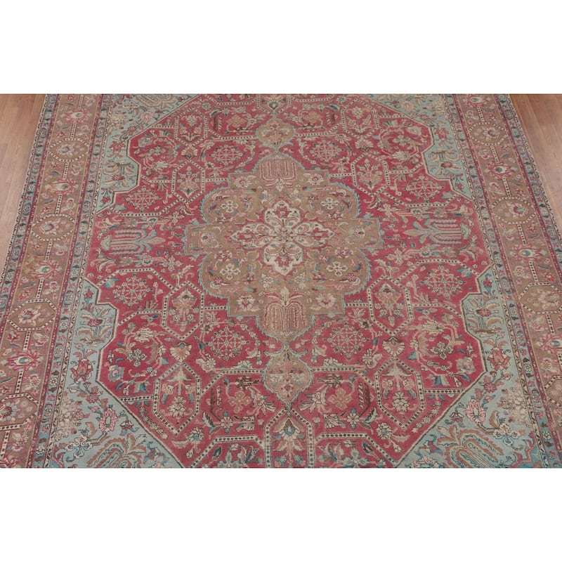 Pink Distressed Tabriz Persian Vintage Area Rug Handmade Wool Carpet - 9'9" x 12'11"