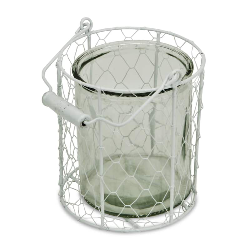 HomeRoots 6" White and Clear Wire Basket and Glass Jar - 6' X '6.5' X '6