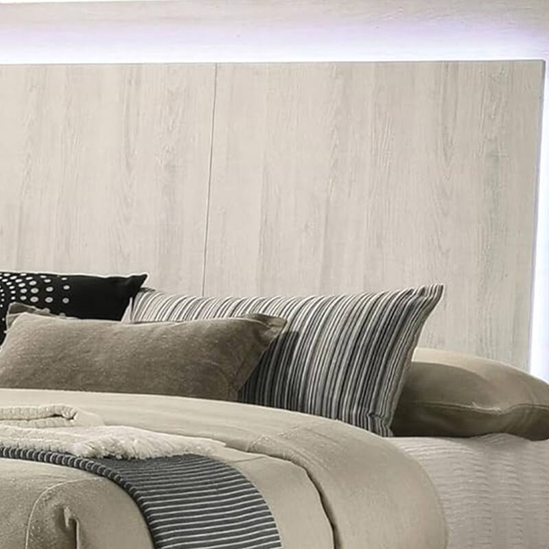 Hyao Queen Size Bed w LED on Headboard, Antique White Wash Finsih