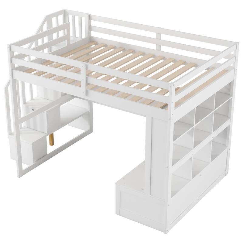 Full Size Loft Bed with Desk, Shelves, Drawers, and Storage Staircase in White