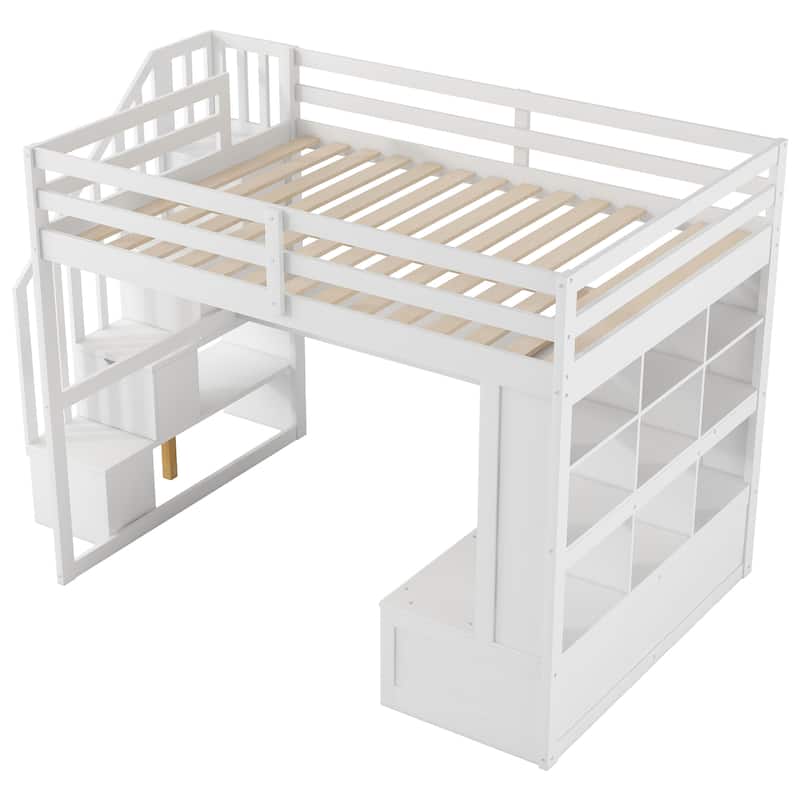 Full Size Loft Bed with Desk, Shelves, and Storage Staircase for Children's Bedrooms, Guest Rooms - Space-Saving Design