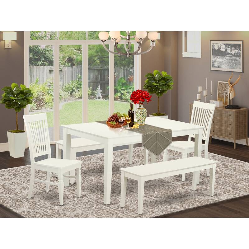 East West Furniture 5 Piece Dining Set- a Dining Table and 2 Kitchen Chairs with 2 Benches, 36x60 Inch, Linen White - CAWE5C-LWH-W