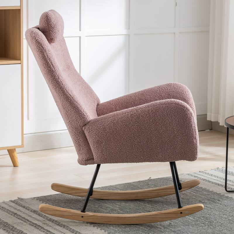 Teddy Fabric Wingback Rocking Chair for Nursery with Safe Solid Wood Base