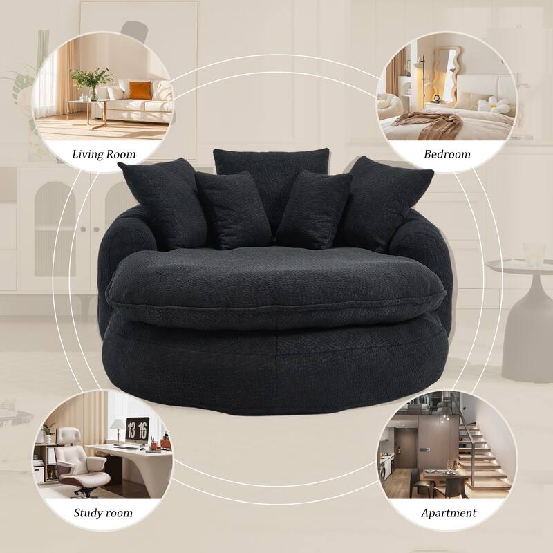 Oversized Oval Upholstered Bean Bag Sofa, Lazy Sofa with 3 Large Pillows and 2 Small Pillows, Wrap Around Backrest