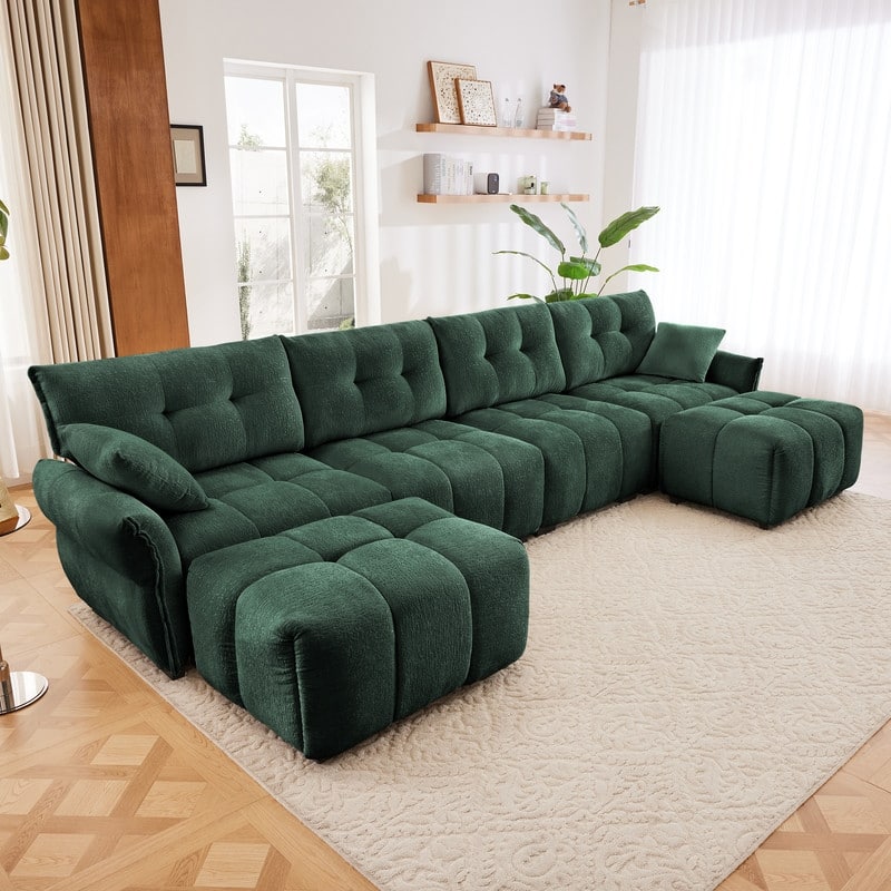 141.7" Chenille 4 Seater Upholstered Sofa with 2 Ottoman