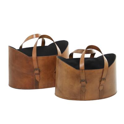 Leather Handmade Box Style Single Slot Magazine Holder with Curved Handles - Set of 2 Brown - Roche River Decor