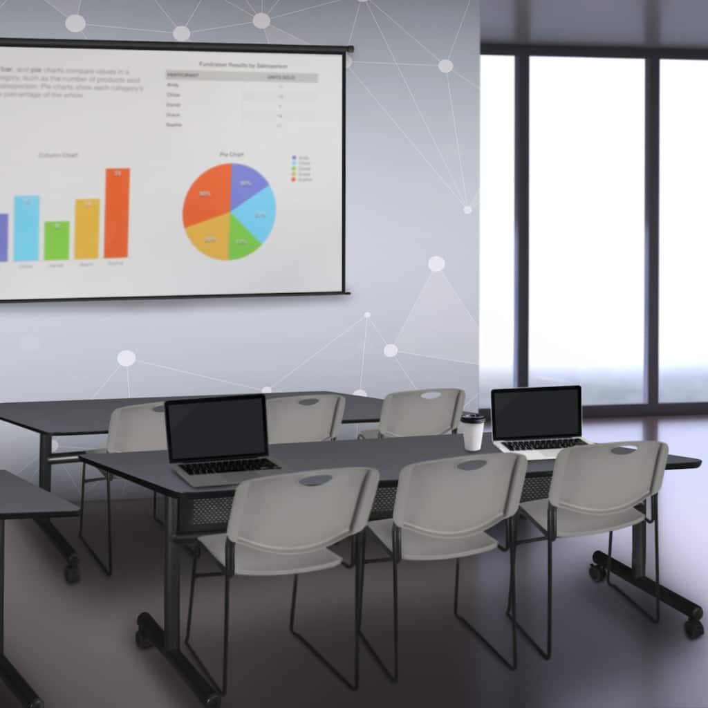 84" x 24" Flip Top Mobile Training Table with Modesty Panel- Grey and 3 Stack Chairs- Grey