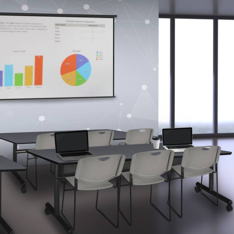 84" x 24" Flip Top Mobile Training Table with Modesty Panel- Grey and 3 Stack Chairs- Grey