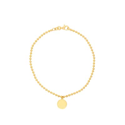 Curata 14k Yellow Gold 7.5" Dangling Disc 2mm Beaded Chain Bracelet