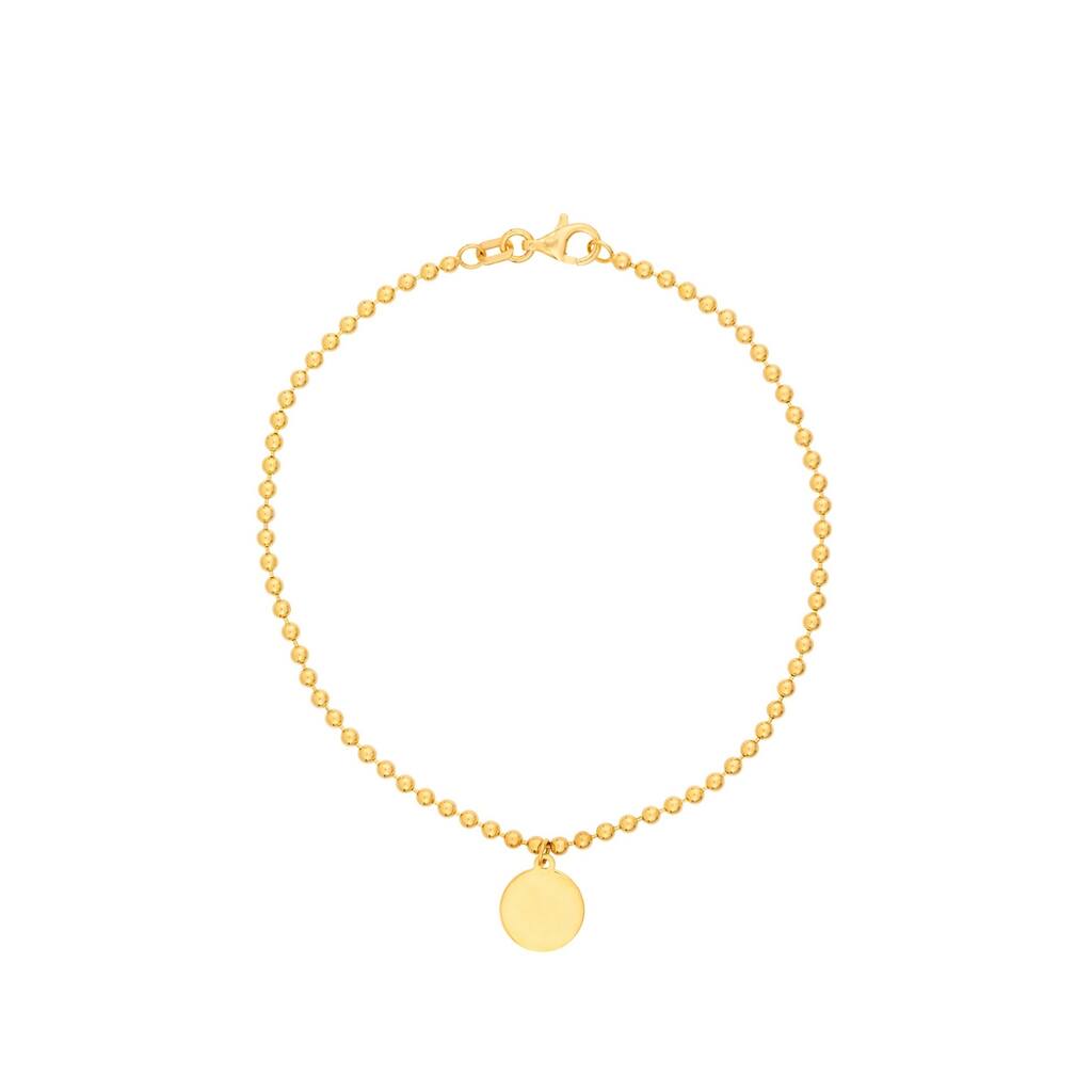 Curata 14k Yellow Gold 7.5" Dangling Disc 2mm Beaded Chain Bracelet