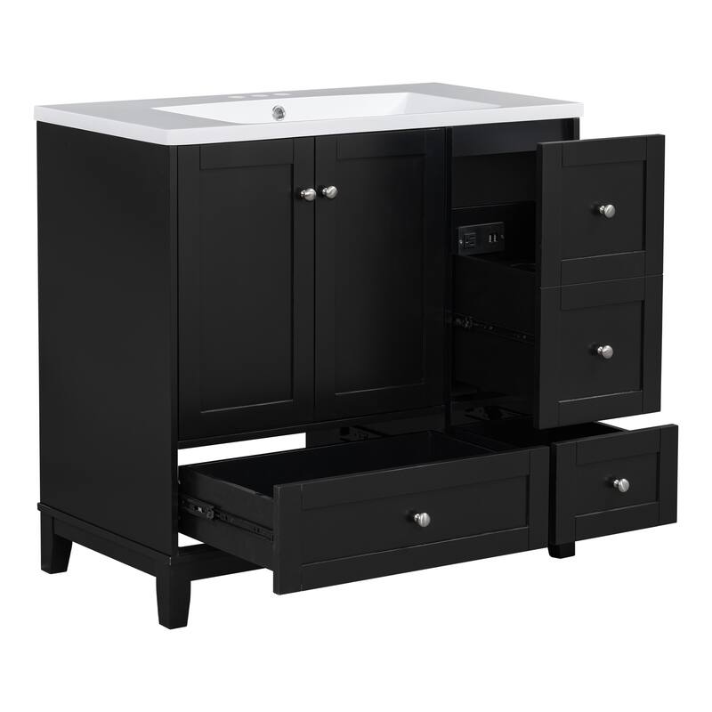 36" Modern Bathroom Vanity with USB Charging, 2Doors and 3Drawers Storage Vanity Cabinet, single sink, Faucets Not Included
