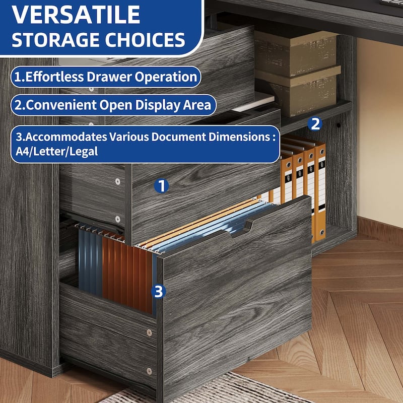 Moasis LED L-Shaped Desk with Drawers and Filing Cabinet, Home Corner Gaming Desk w/USB Ports