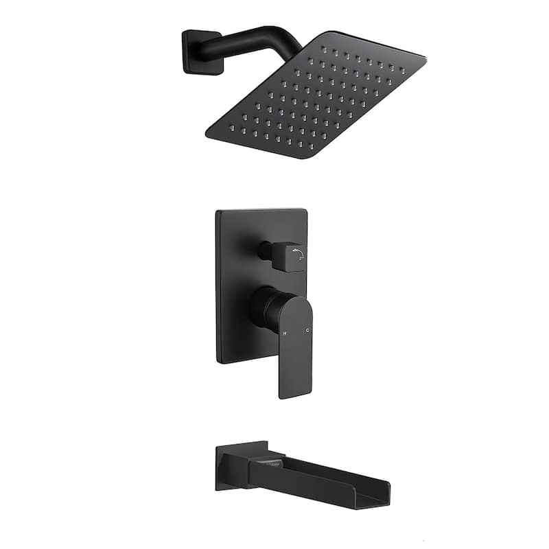 Wall Mounted Tub Shower Faucet with Rough-in Valve Rainfall Pressure Balance Shower System with Tub Spout - Matte Black